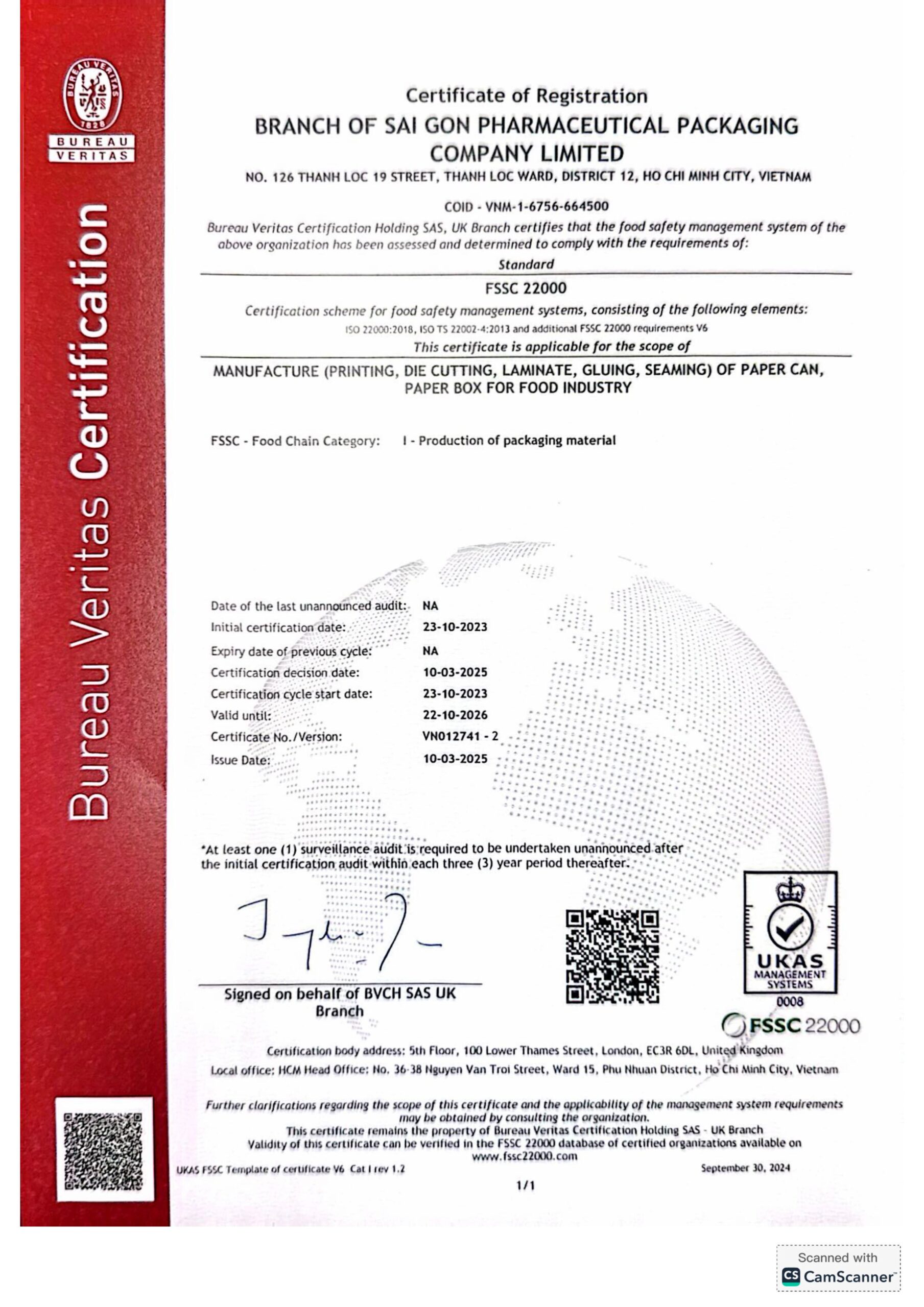 Chứng nhận Bureau Veritas về FSSC 22000 là chứng chỉ quốc tế uy tín do tổ chức Bureau Veritas đánh giá và cấp, xác nhận hệ thống quản lý an toàn thực phẩm của doanh nghiệp đáp ứng tiêu chuẩn FSSC 22000 (được công nhận bởi GFSI)