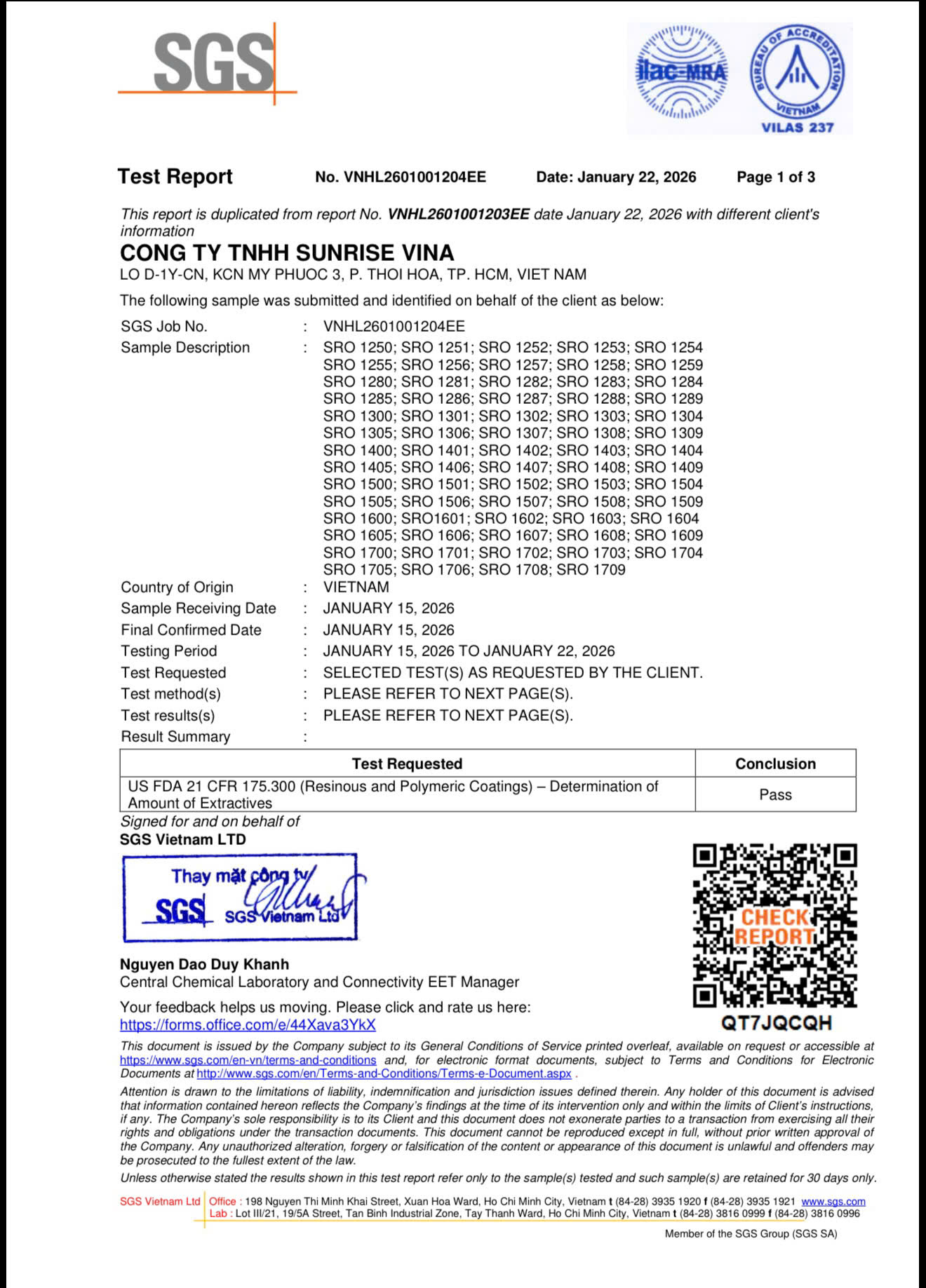 Test Report - SRO1608HS - Phủ niêm phong nhiệt 
Quy định của FDA Hoa Kỳ - An toàn cho tiếp xúc trực tiếp với thực phẩm