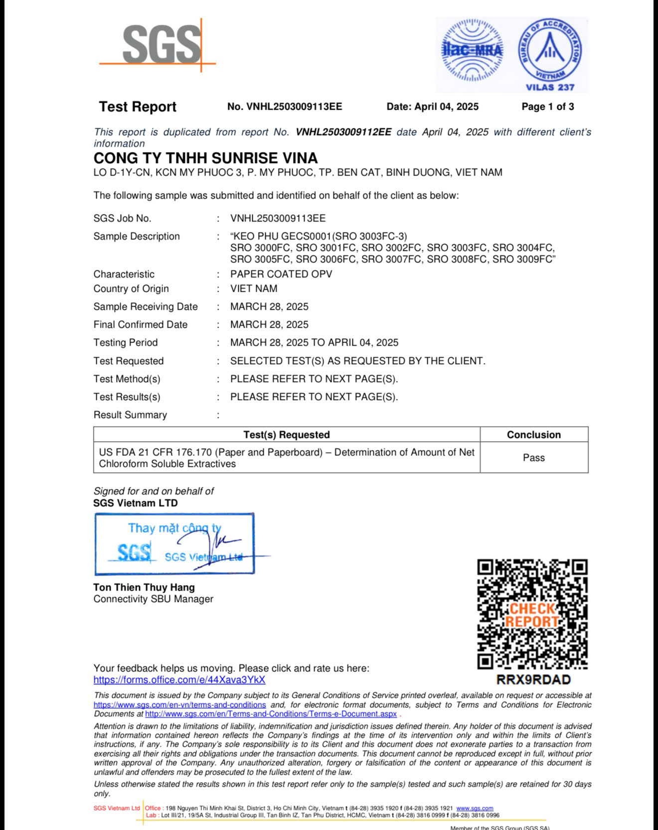 Test Report - SRO3000FC - Phủ chống thấm tiếp xúc thực phẩm
Quy định của FDA Hoa Kỳ - An toàn cho tiếp xúc trực tiếp với thực phẩm