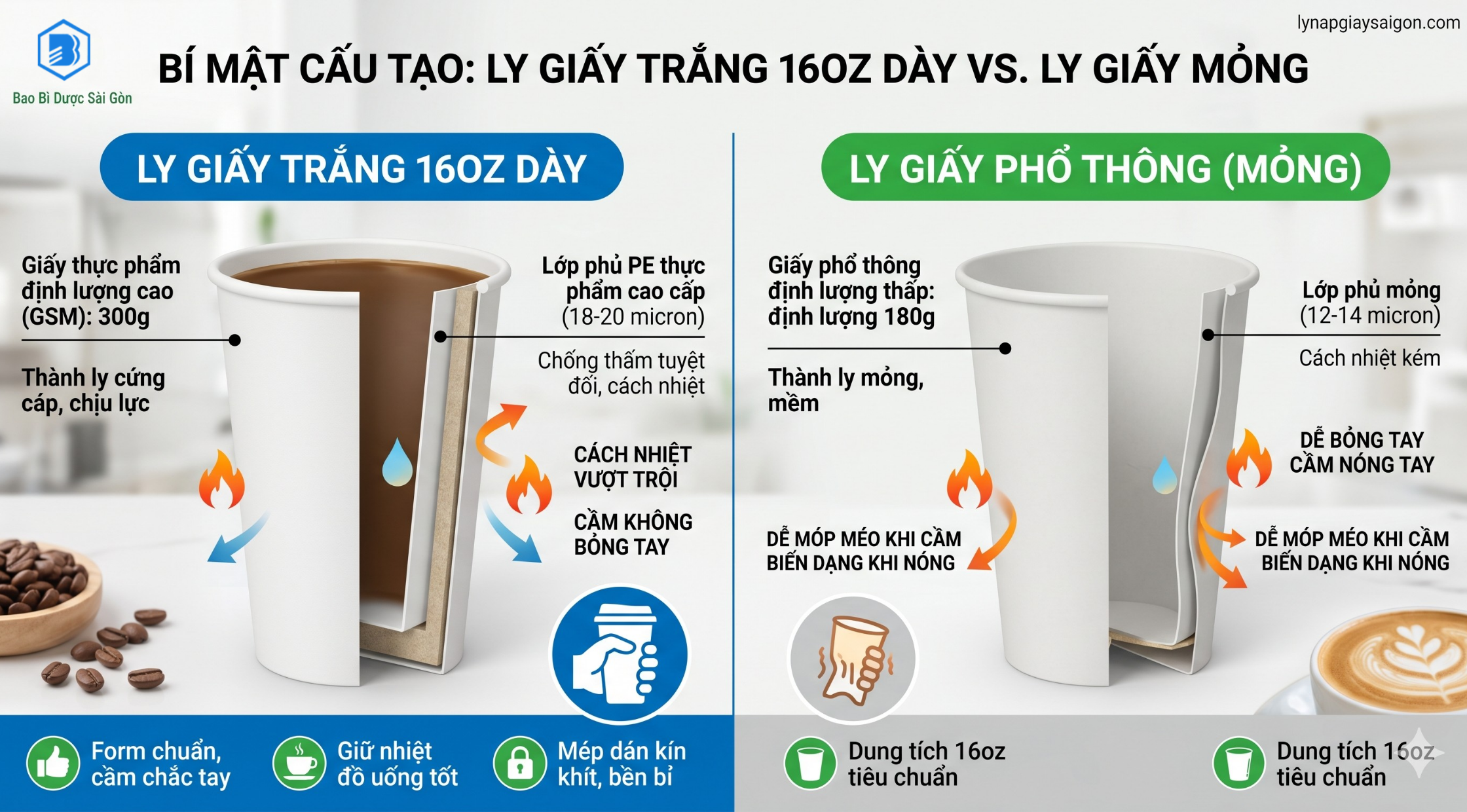 Ly giấy trắng 16oz dày: Giải pháp "vàng" nâng tầm trải nghiệm đồ uống 2 ly giấy trắng 16oz dày