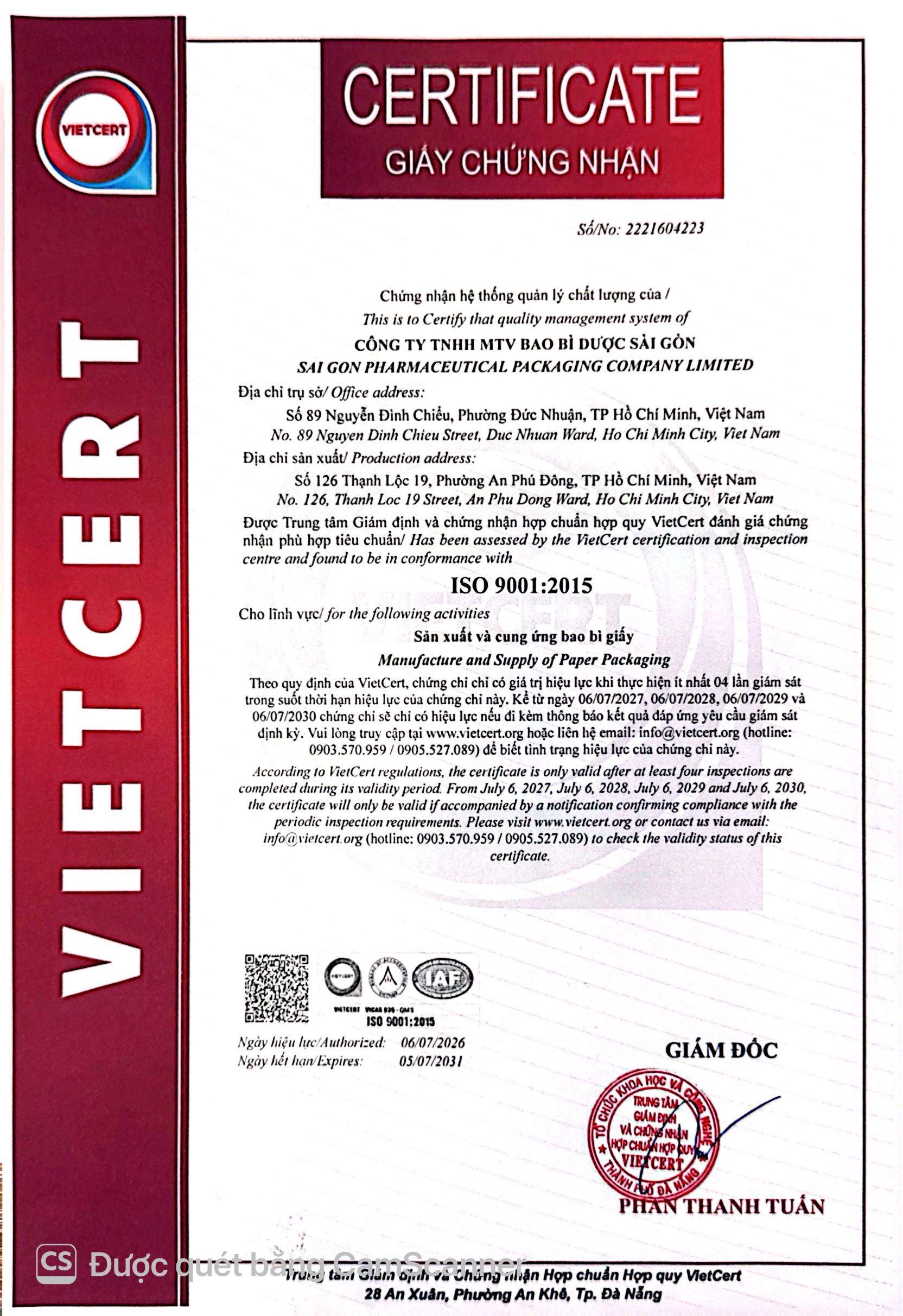 Chứng nhận CERTIFITACE
Chứng nhận hệ thống quản lý chất lượng
Được Trung tâm Giám Định và Chứng nhận hợp chuẩn hợp quy VietCert đánh giá chứng nhận phù hợp tiêu chuẩn